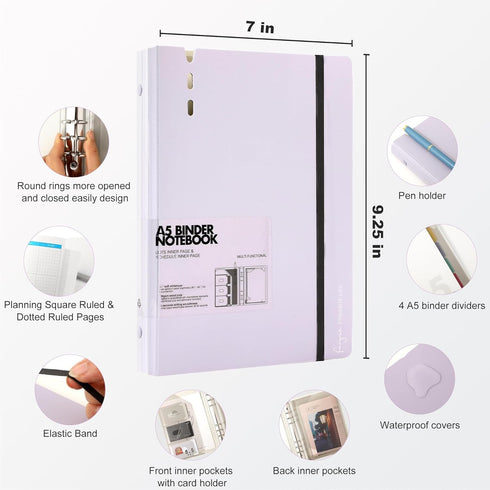 CAGIE A5 6 Ring Binder Notebook with Pockets, Refillable Planner, Dividers, A5 Refill Paper, Purple, 7 x 9.25 in