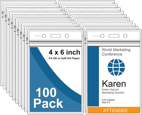 Fushing Pack of 100 Clear Plastic Vertical Badge Holders, Name Tag Holders,