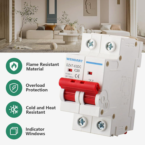 DC Miniature Circuit Breaker DZ47-63Z, 500V 2 Poles 10-63A for Battery and Solar PV Systems, DIN Rail Mount