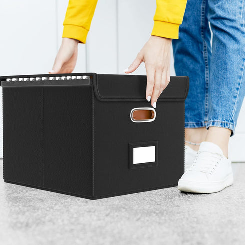 Huolewa Upgraded File Organizer Box with Lid, Collapsible Faux Leather Hanging Folder Box for Home/Office Storage