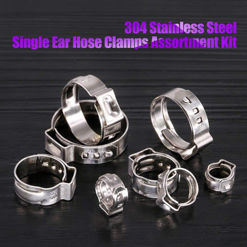 Swpeet 120Pcs 304 Stainless Steel Single Ear Hose Clamps, 8 Sizes Crimp Hose Clamp Assortment Kit for Automotive