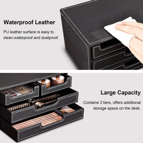 KINGFOM PU Leather Desk Organizer with 4 Drawers, Small Desktop Organizer for Office Supplies