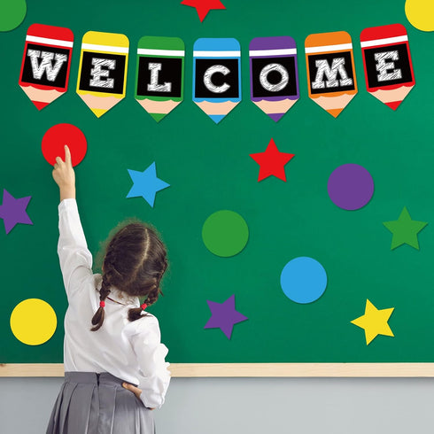 Whaline 57 Pieces Colorful Pencil Design Welcome Bulletin Board Set Back Banner Star Dots Shape Cutouts for Classroom