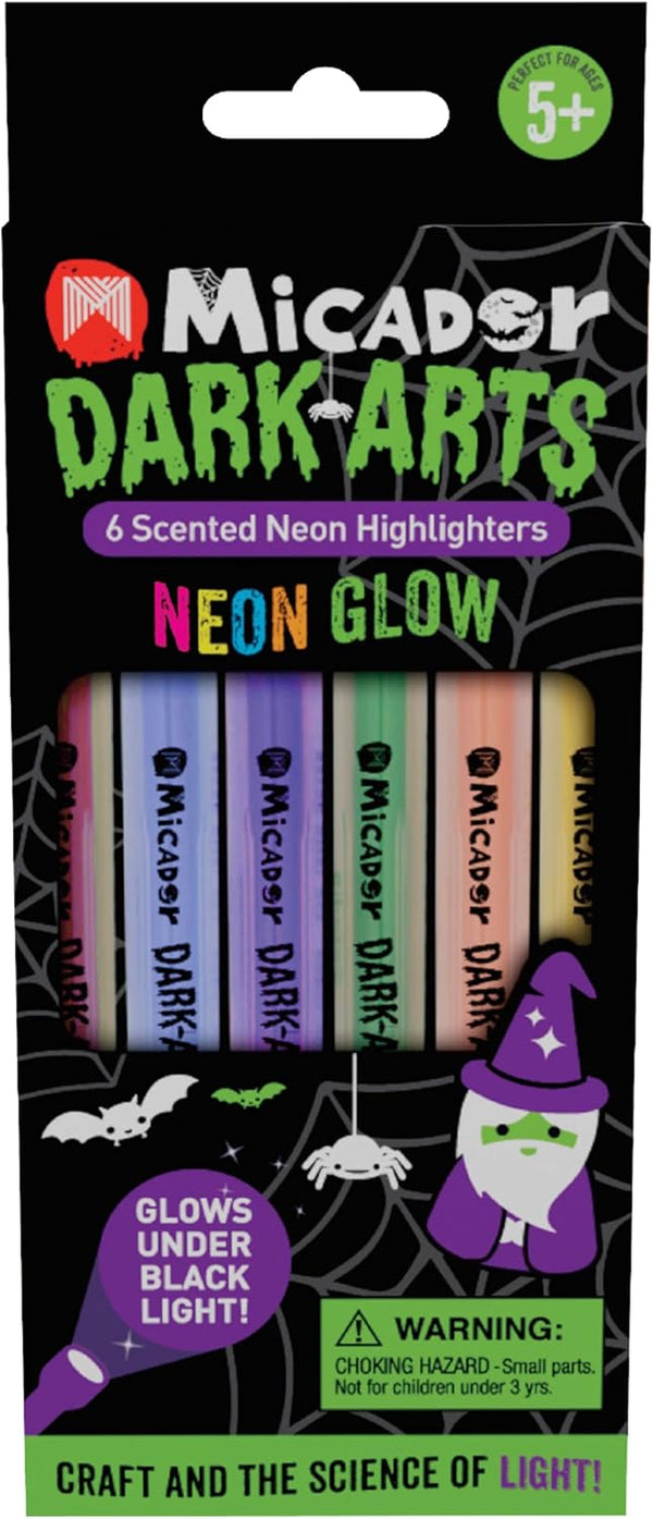 Micador Dark Arts Neon Glow Scented Highlighters, 6-Color Set, Kids Coloring & Drawing, Glows Under Blacklight, Ages 5+