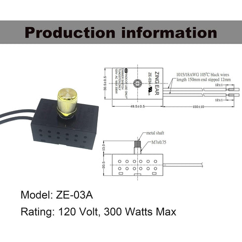 Zing Ear ZE-03A Rotary Dimmer Switch with Knob, 120V 300W Replacement Repair Kit for Incandescent/LED/Halogen Lamps