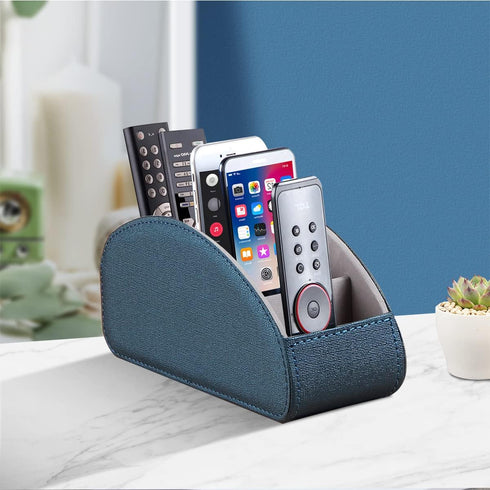 Remote Control Holder, Leather 5 Rooms Desk Organizer for Living Room, Bedside Table Remotes Caddy for TV Controllers