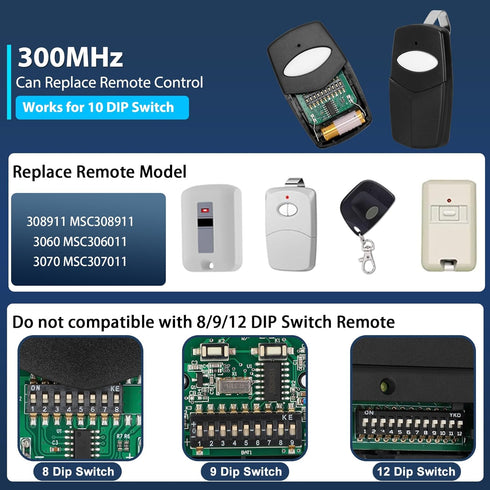 Micnce 2pcs 3089 300 10 308911/1089/3070/3060 for Multi-Code Gate Opener, MHz Dip Switch Gate Remote, Gate Remote