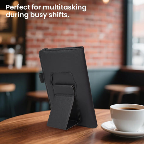 6 5.12" 7.91", RSAquar Premium Server Book with Kickstand & Hand Strap Waiter Book Organizer with Pockets, Pen Holder