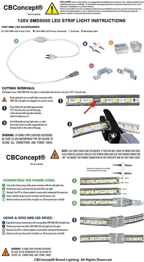 20 2100 6000K Dimmable, 110-120V 360 3528 CBConcept UL Listed, Feet, Lumen, Pure White, AC Flexible Flat LED Strip Rope
