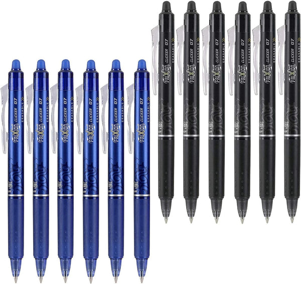 Pilot FriXion Clicker 0.7mm Erasable Gel Pens, Fine Point, 12 Pens (6 Black & 6 Blue)