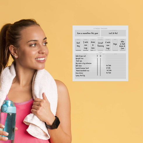 Dry Erase Whiteboard Fitness Tracker, Removable and Restickable Adhesive Decal, Fine-Tip Magnetic Marker Included