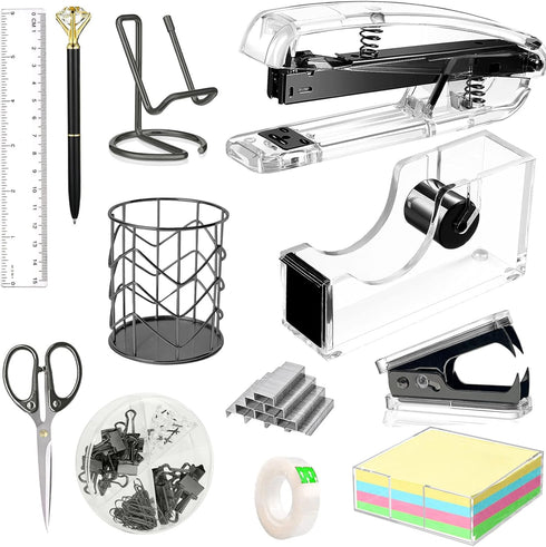 Office Desk Accessories Set, Acrylic Stapler, Staple Remover, Tape Holder, Pen Holder, Scissors, Binder Clips, 1000