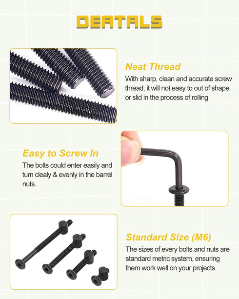 CZXNBI 28 Set Set,M6x20/40/60/80 mm Crib Screws Hardware Replacement Kit - Baby Bed Frame Bolts &Barrel Nuts Hex Drive
