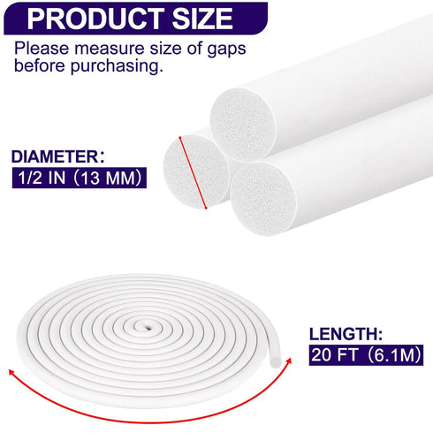 ToLanbbt Backer Rod EPDM Rubber 1/2" Diameter x 20' Length Caulk Saver Door Window Weather Stripping Seal for Concrete Filling Joints and Gaps (White)