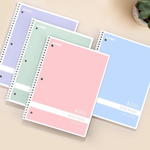 SUNEE Spiral Notebooks, Wide Ruled, 1-Subject, 4 Pack, 8 x 10-1/2 in, 70 Sheets, Pastel Colors for School, Office