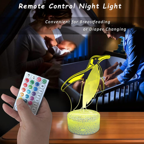 3D Girls Gifts Night Light, Multi Colors Change Remote Control Night Lamp for Kids Boys Teens, Bedroom Table Penguin