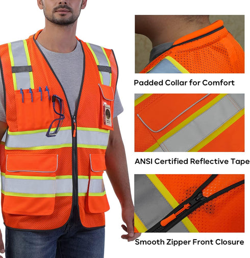 Reflective Safety Vest, Orange Mesh, High Visibility with Pockets and Zipper, Padded Neck, ANSI Class 2, Orange with