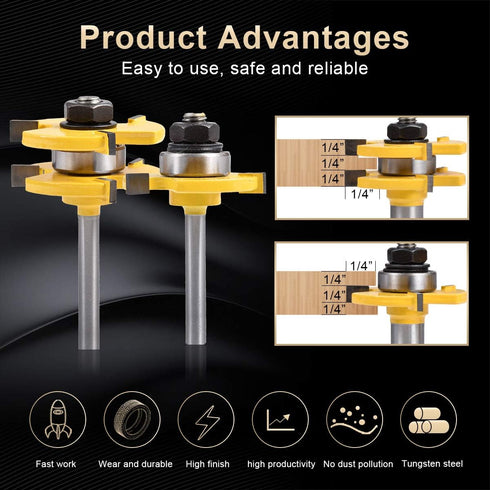 KATUR Tongue and Groove Router Bit Set, 1/4 Inch Shank Grooving Router Bit, 3 Teeth T Shape Woodworking Tools