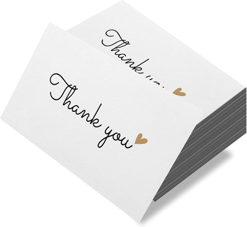 RXBC2011 100 Little Thank You Cards with Gold Heart Design, Bulk Thank You Notes for All Occasions (3.5 x 2 Inch)