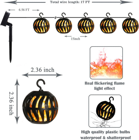 17FT 10 Bulbs, Vigdur Solar Flame Lights Outdoor, Flickering Flame Solar Lights with LED Globe Outdoor Hanging Patio