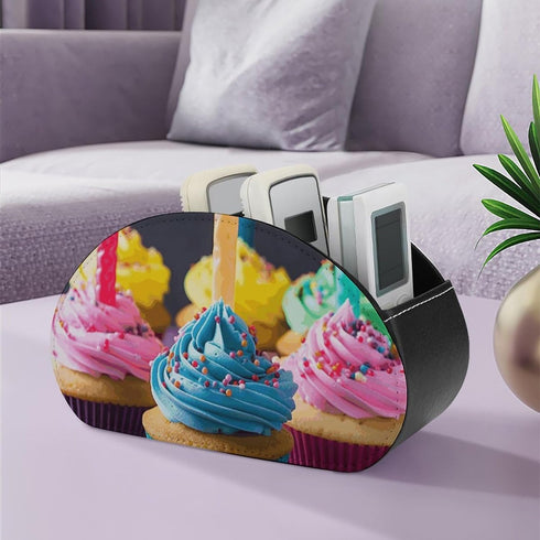 JTREHY 5 Colorful Happy Birthday Cupcakes Remote Control Holder with Compartments Pu Leather Remote Caddy Box