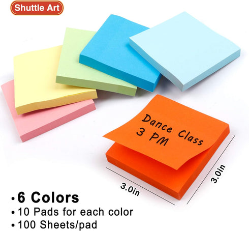 Sticky Notes, Shuttle Art 60 Pads Bright Stickies, 3x3 Inches, 100 Sheets/Pad for Home, School, Office