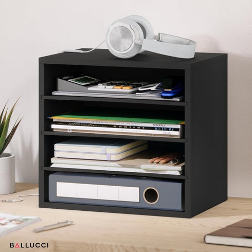 Ballucci 4-Tier Paper Organizer for Desk, Stackable Paper Storage Shelves, Letter Tray Sorter for Office, Black