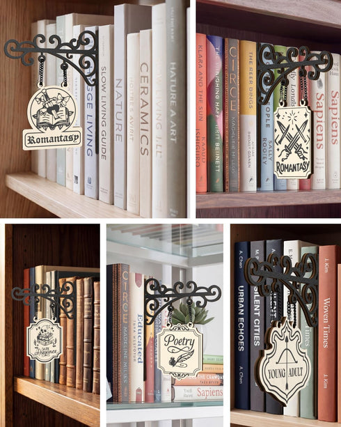 5 Sonloka Book Nook Tavern Signs, PCS Wood Bookshelf Dividers, Medieval Style Book Nook for Bookshelf Decor, Home