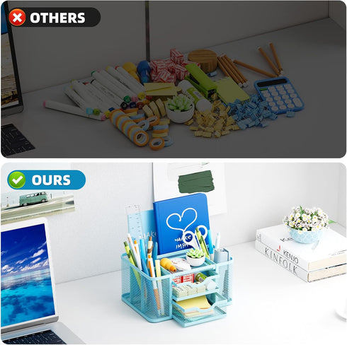 Marbrasse Mesh Desk Organizer with 2 Drawer, Multi-Functional Pen Holder for Office Art Supplies (Blue)