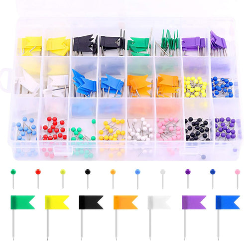 Swpeet 305Pcs Assortment Kit of Colorful Push Pins Tacks, 1/8 inch Ball Round Head and 7/10 inch Map Flag Tacks