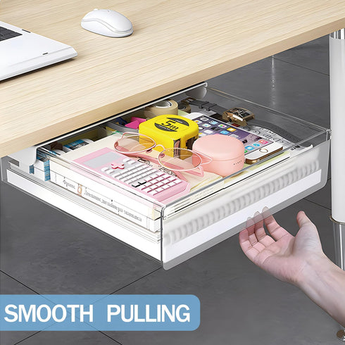 Large Under Desk Table Drawer Storage Organizer A4, Hidden Self-Adhesive Pencil Tray Drawer for Office - Clear White
