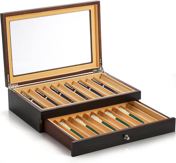 Yesland 2 Layer Ebony Wood Pen Display Box, 23 Slot Fountain Pen Organizer with Clear Glass Window, Luxury Collection