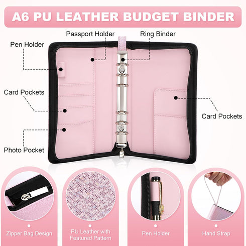 Toplive A6 Budget Binder with Zipper, 6 Ring Refillable Planner Cover for A6 Cash Budget System, Glitter Pink