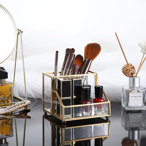 Hipiwe Glass Business Card Holder Stand with Pen/Pencil Organizer, Gold Business Name Cards Display Holder for Home
