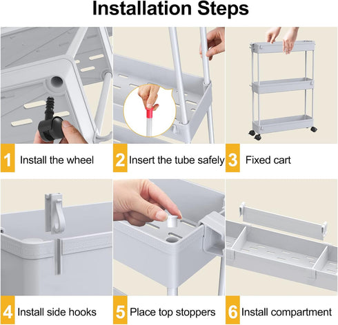 SPACELEAD 3 Tier Slim Rolling Storage Cart - Mobile Utility Organizer Trolley for Bathroom, Office, Kitchen, Grey