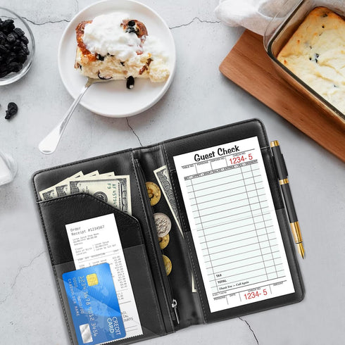 WAVEYU 8x5 inch, Server Book for Waitress Book with Zipper Pocket, Cute Server Books for Waiter Leather, Money