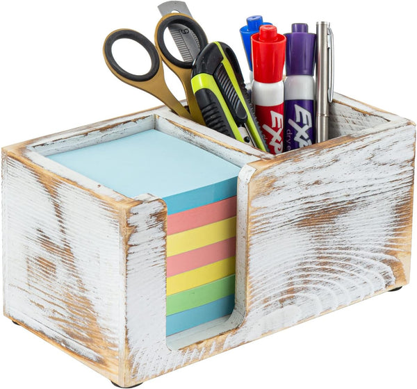 MyGift Shabby White Washed Solid Wood Sticky Note Holder, Office Desktop Storage Caddy for Memo Pads and Pens
