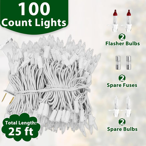 25FT 100 Incandescent Warm White Christmas Lights, Mini Lights with White Wire for Tree, Garland, Thanksgiving, Party