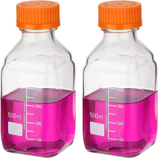 PATIKIL 2 Pack Reagent Media Storage Bottles, 500ml Borosilicate Glass Square Graduated Round Bottles, Clear