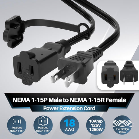 Lamroyce 1Feet 2 2-Prong 10A 125V, 1-15P 1-15R Short Prong Extension Power Cord with Safety Plug Cap, US AC Male