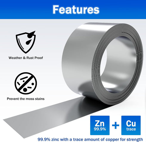 Zinc Metal Strip for Roof Moss - 55 Feet x 2.5 Inches Metal Flashing to Prevent Roofing Stains