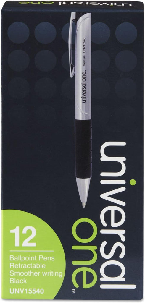 Universal 15540 Advanced Ink Retractable Ballpoint Pen, Black Ink, Silver, 1mm, Dozen