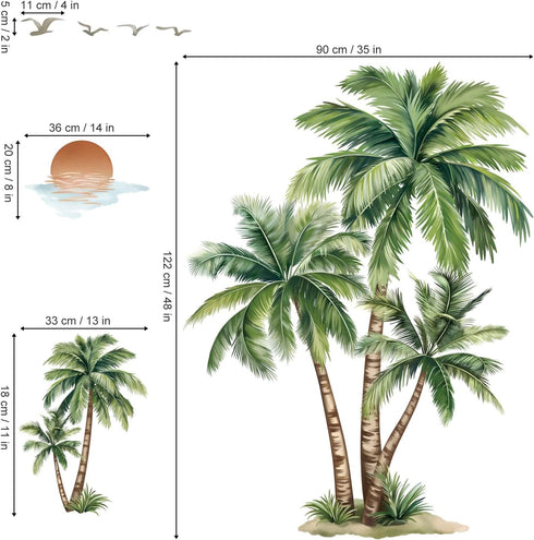 wondever Large Palm Tree Wall Stickers Tropical Plants Coconut Tree Peel and Stick Wall Art Decals for Living Room