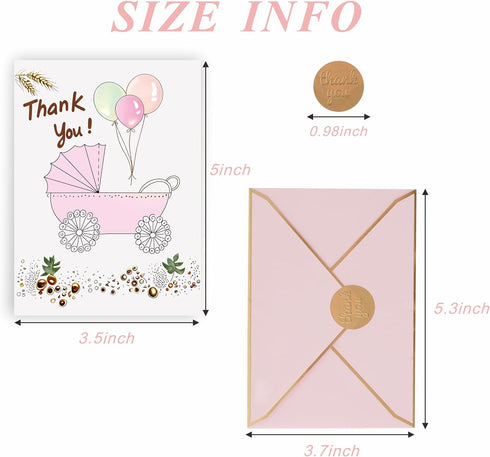 Suohanfei 30 Pack 3.5 5 Inch Baby Shower Thank You Cards with Envelopes and Sticker, x Cute Stroller Baby Girl Shower