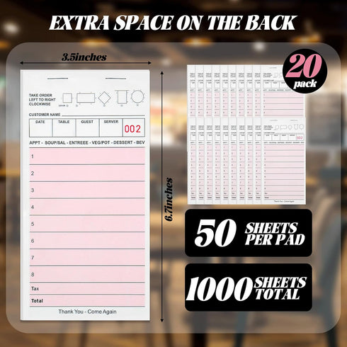20 Pack 300 Server Note Pads, Pink Guest Checks Books for Servers, Server Pads, Total Sheets Server Paper, Waitress