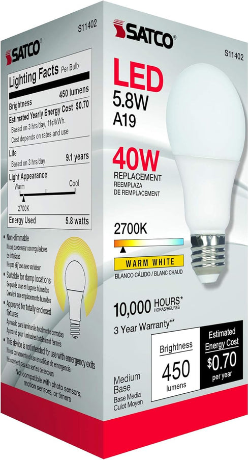 11402 A19 Bulb, 40W 2700K 450 (Pack 2) Satco Econo LED Light Replacement, Warm White, Lumens