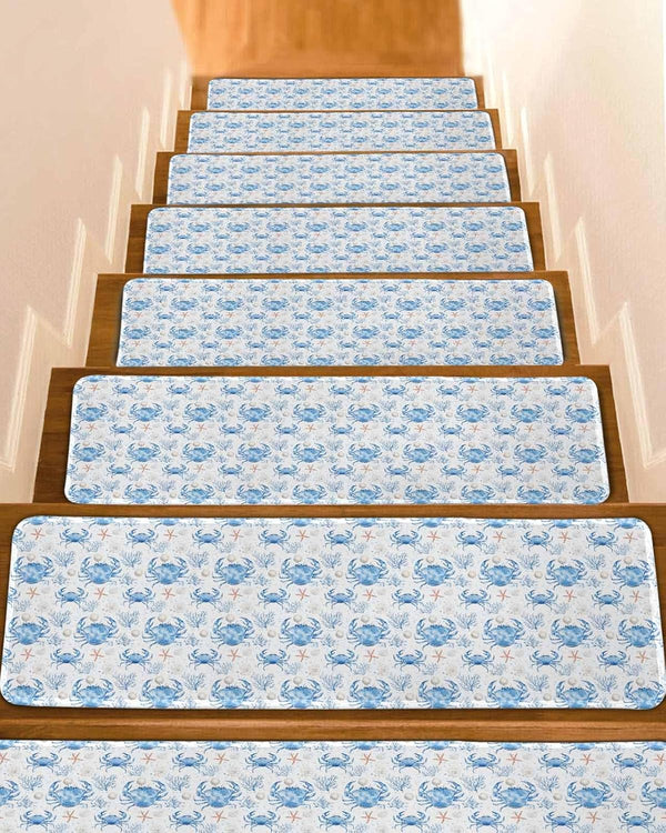 BOHOOSKYLAR Ocean Crab Stair Treads Seaweed Coral Starfish Blue Texture Indoor Non Slip