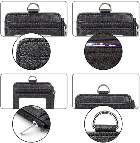 Life-Mate PU Leather ID Badge Holder Wallet Case with Zipper, 5 Card Slots, 19" Neck Lanyard, Heavy Duty Metal Reel