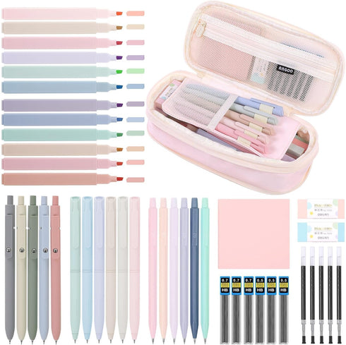 SKYDUE 44Pcs Aesthetic School Supplies, Big Capacity Pencil Case, 12 Highlighters, 11 Gel Pens, College Essentials