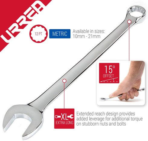 URREA 12-Point Combination Wrench - 10mm Extra Long Mechanics Tool with Nickel-Chrome Finish - 1210ML